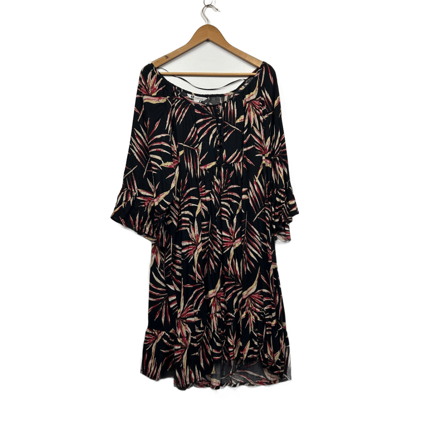 Rockmans Black Leaf Print 3/4 Bell Sleeve Shift Dress Size 22-24