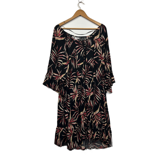 Rockmans Black Leaf Print 3/4 Bell Sleeve Shift Dress Size 22-24