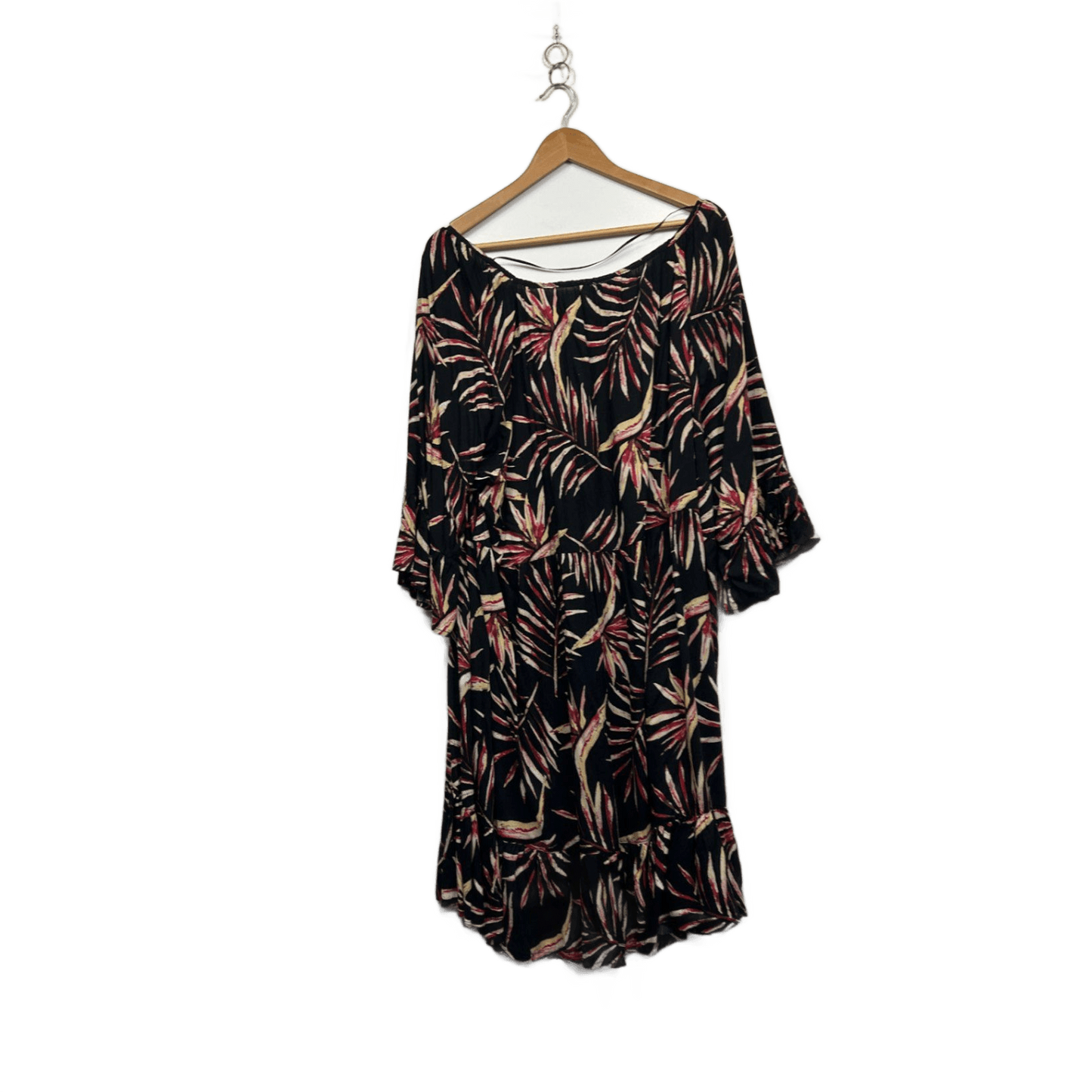 Rockmans Black Leaf Print 3/4 Bell Sleeve Shift Dress Size 22-24