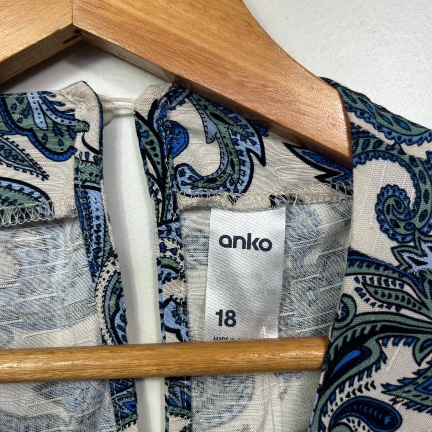 Anko Blue Green Short Sleeve Paisley Print Tuck Top Blouse Size 18