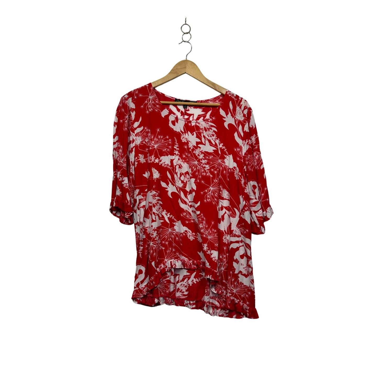 Willow Tree Red White Short Sleeve Floral Top Blouse Size 16