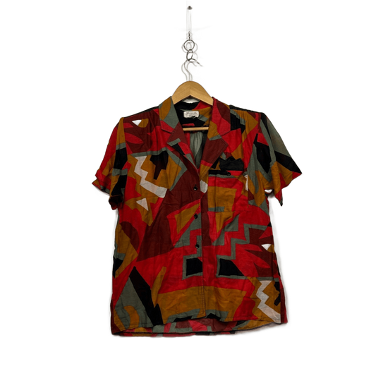 Vintage Womens Multicoloured Button-up Short Sleeve Shirt Blouse Size 14-16