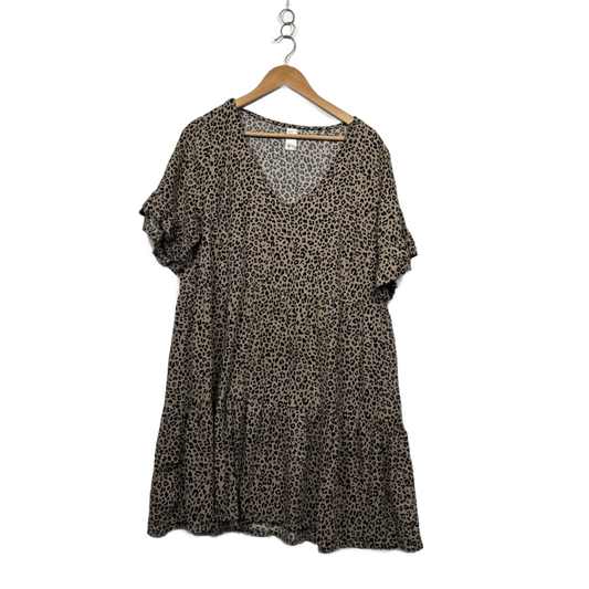 Anko Beige Viscose Blend Animal Print Short Sleeve  Smock Tiered Dress Size 16