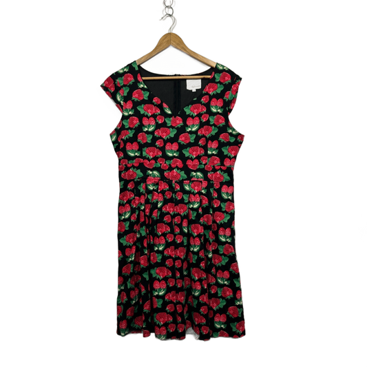 Tequila Sunrise Womens Black Strawberry Cap Sleeve Fit & Flare Dress Size 14