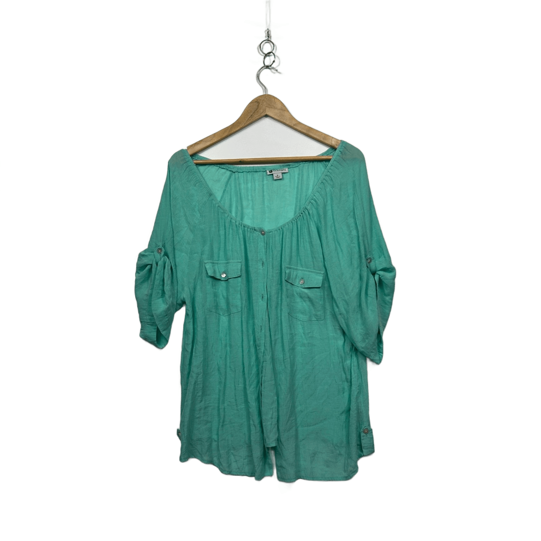Rockmans Green Short Roll Tab Sleeve Top Blouse Size 16