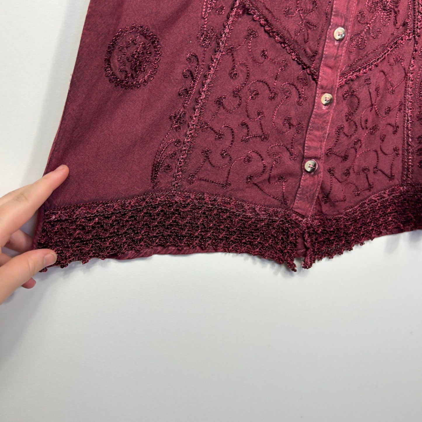 Boho Burgundy Sleeveless Embroidered Hippie Top Blouse Size 12-14