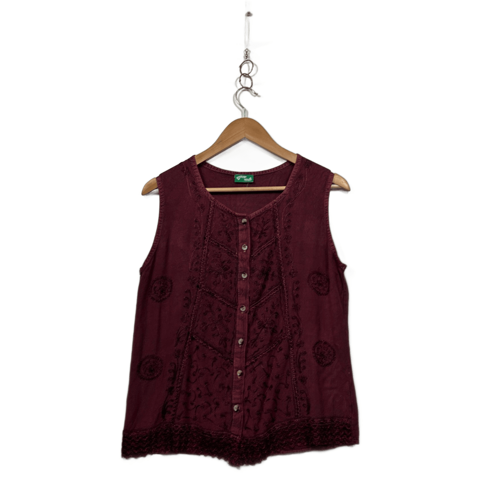 Boho Burgundy Sleeveless Embroidered Hippie Top Blouse Size 12-14