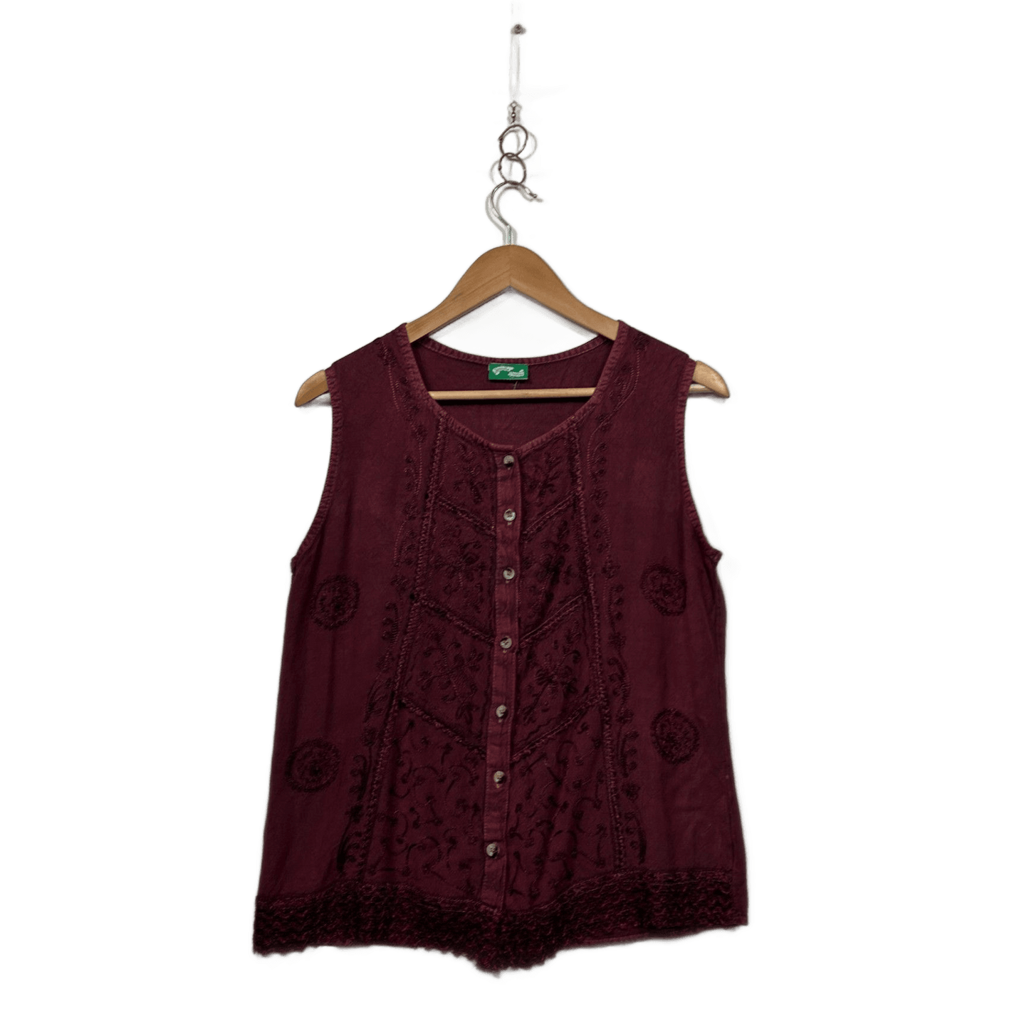 Boho Burgundy Sleeveless Embroidered Hippie Top Blouse Size 12-14