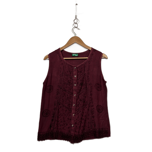 Boho Burgundy Sleeveless Embroidered Hippie Top Blouse Size 12-14