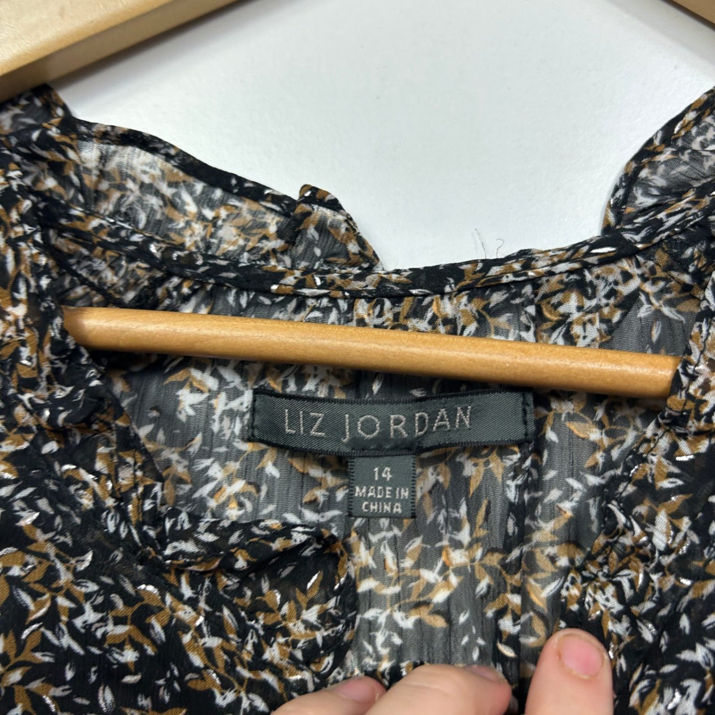 Liz Jordan Black Brown White Long Sleeve Top Blouse Size 14