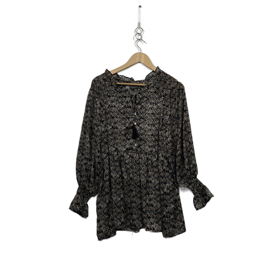 Liz Jordan Black Brown White Long Sleeve Top Blouse Size 14