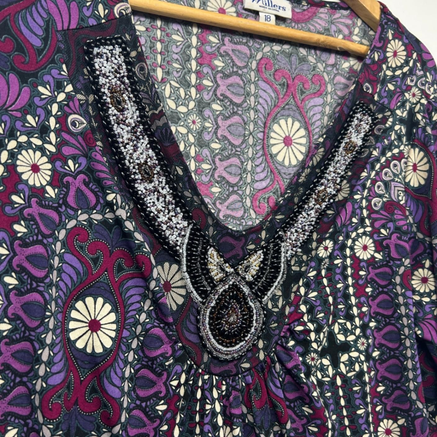 Millers Womens Purple Black 3/4 Sleeve Beaded Top Blouse Size 18