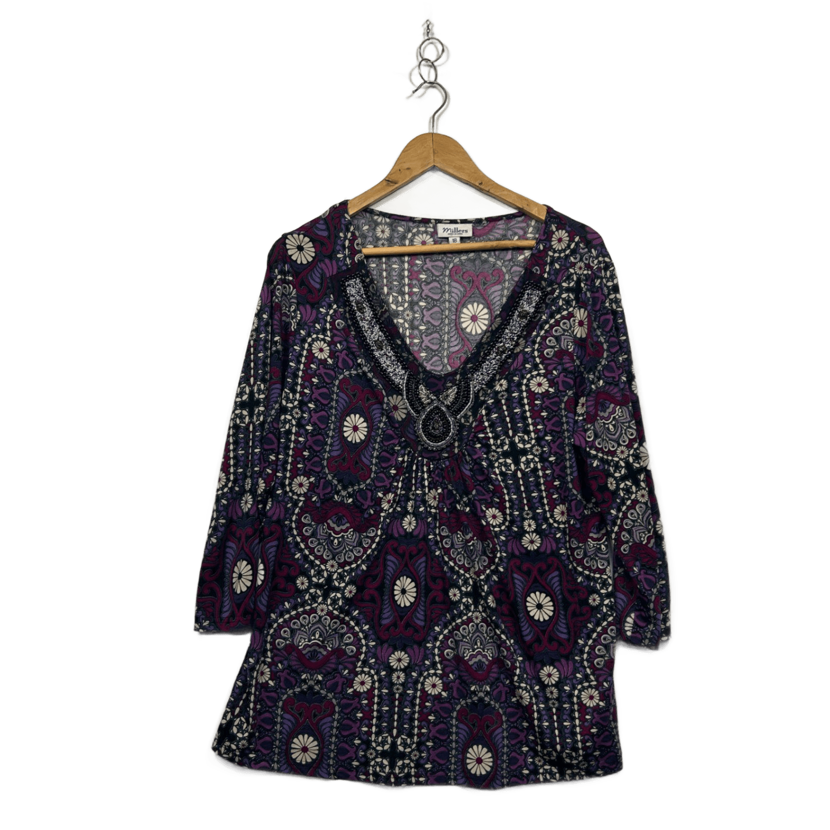 Millers Womens Purple Black 3/4 Sleeve Beaded Top Blouse Size 18