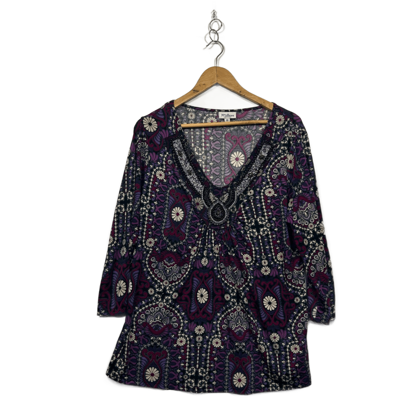 Millers Womens Purple Black 3/4 Sleeve Beaded Top Blouse Size 18