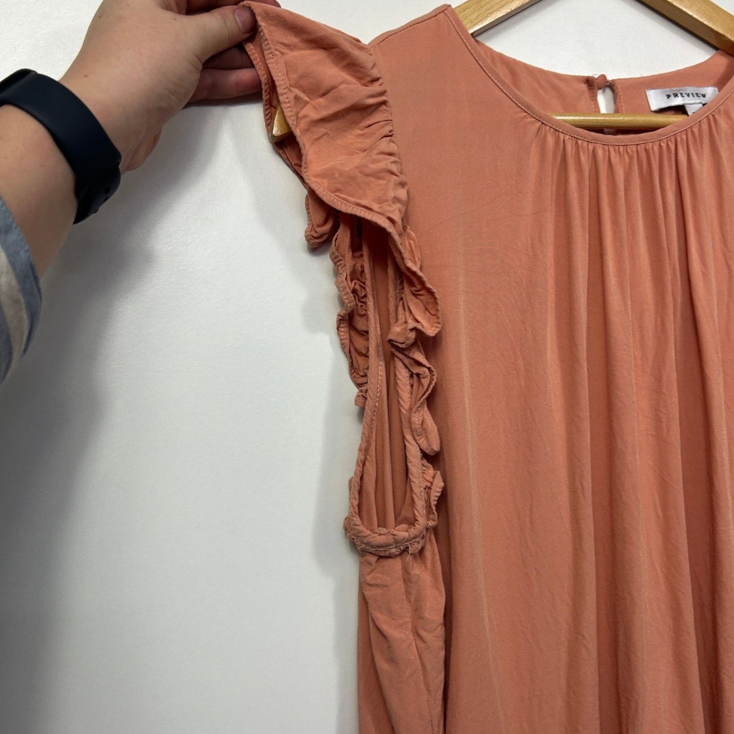 Preview Peach Viscose Short Sleeve Round Neck Ruffle Blouse Top Size 20