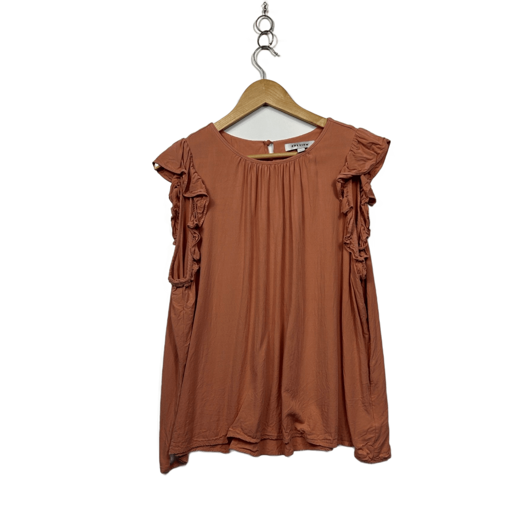 Preview Peach Viscose Short Sleeve Round Neck Ruffle Blouse Top Size 20