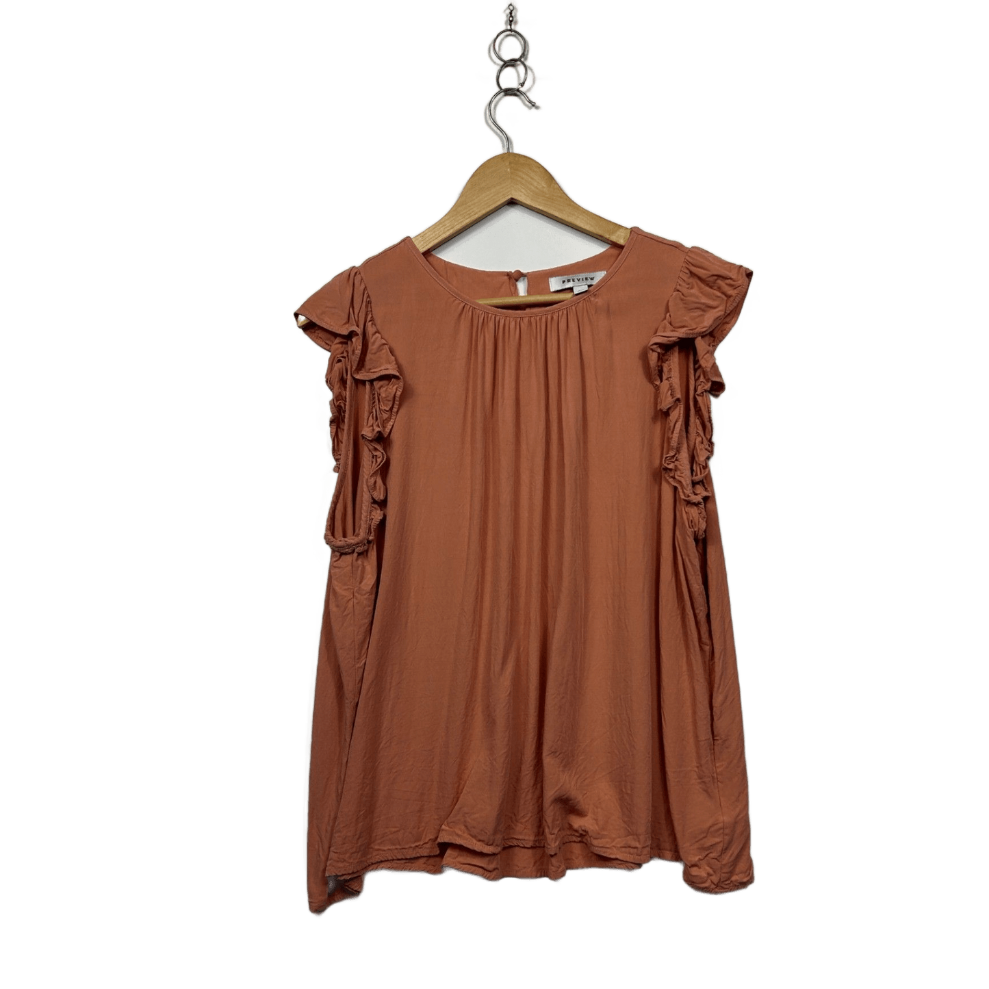 Preview Peach Viscose Short Sleeve Round Neck Ruffle Blouse Top Size 20