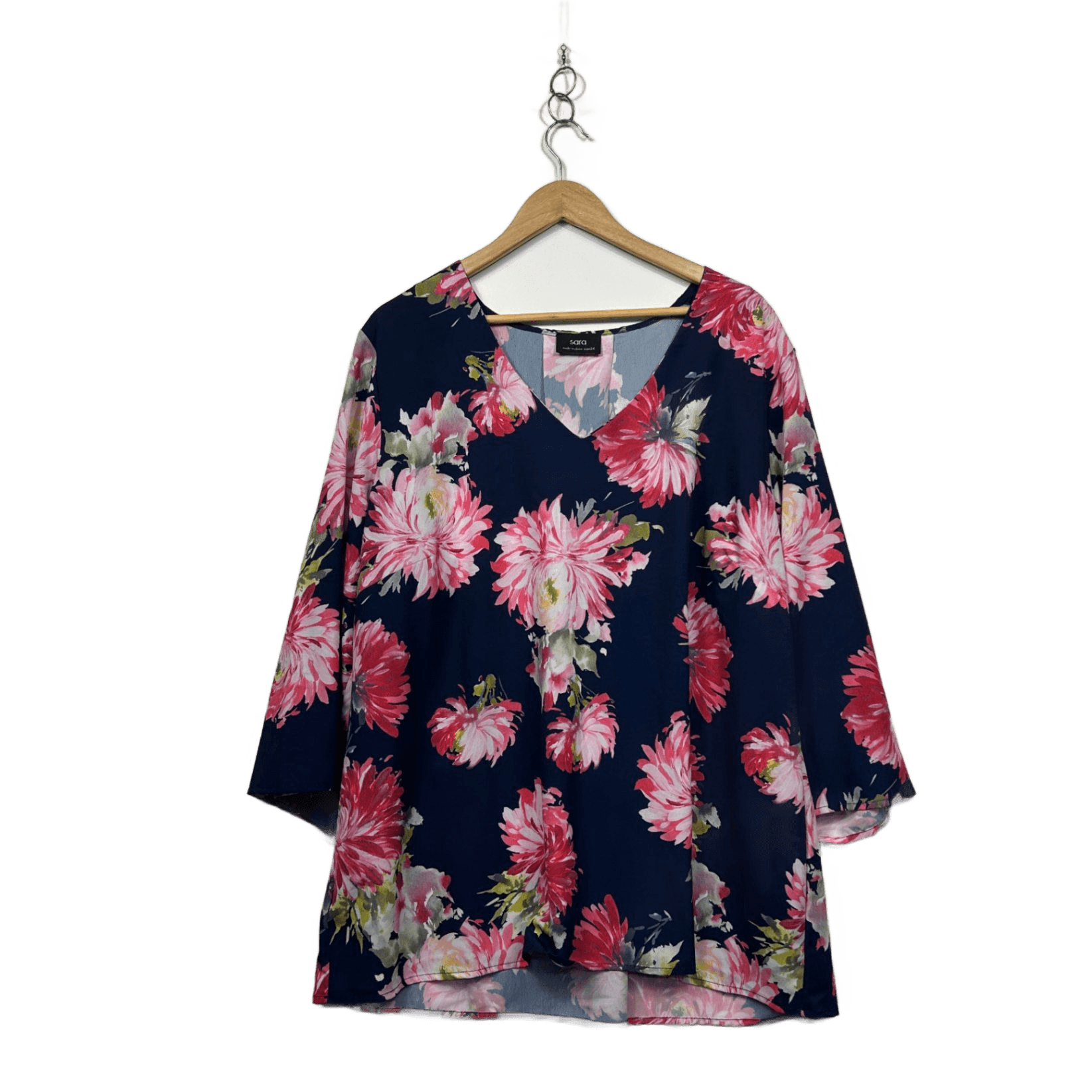 Sara Womens Navy Multicoloured Floral V Neck Tunic Top Blouse Size 24
