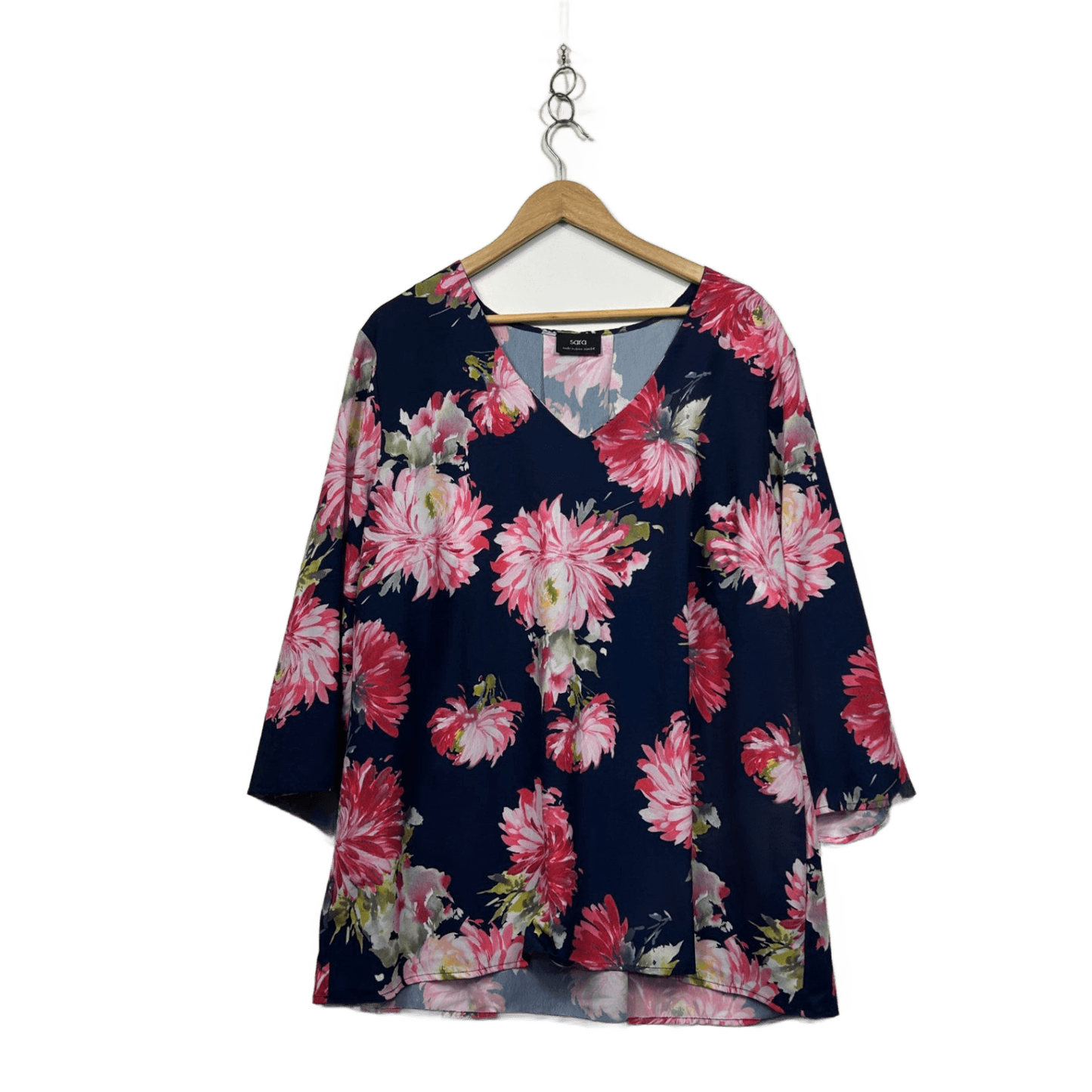 Sara Womens Navy Multicoloured Floral V Neck Tunic Top Blouse Size 24