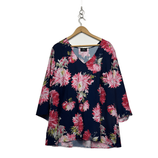 Sara Womens Navy Multicoloured Floral V Neck Tunic Top Blouse Size 24