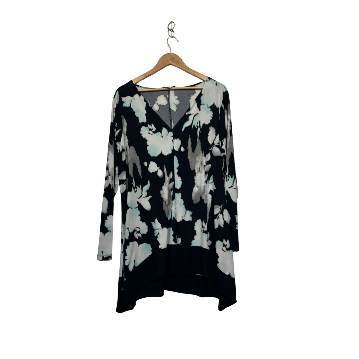 Rockmans Womens Black White Long Sleeve Floral V Neck Tunic Blouse Size 2XL