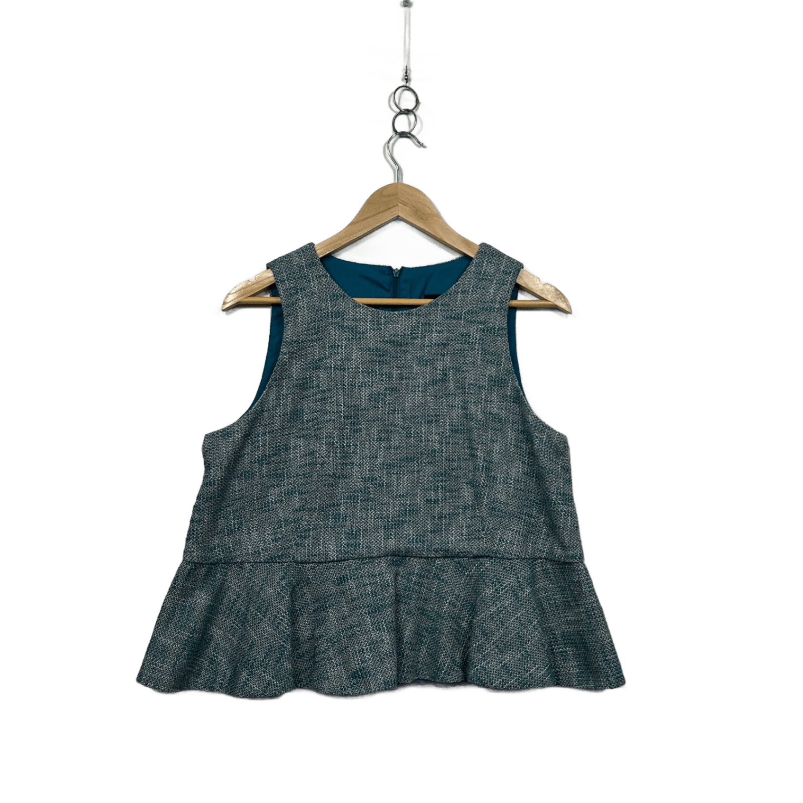 Cue Tweed Round Neck Textured Teal Peplum Top Size 12