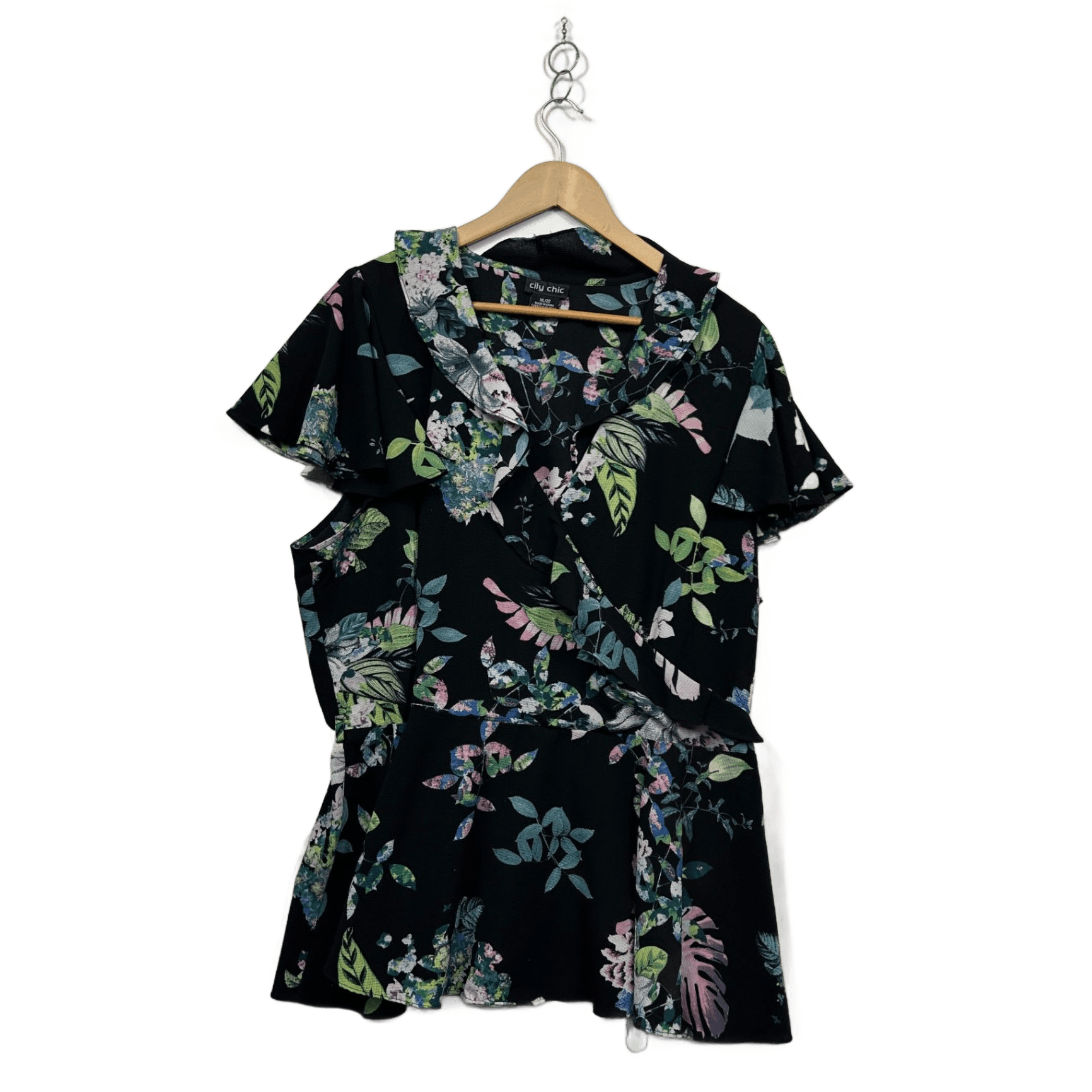 City Chic Black Floral Short Sleeve Faux Wrap Blouse Size XL 22 Plus