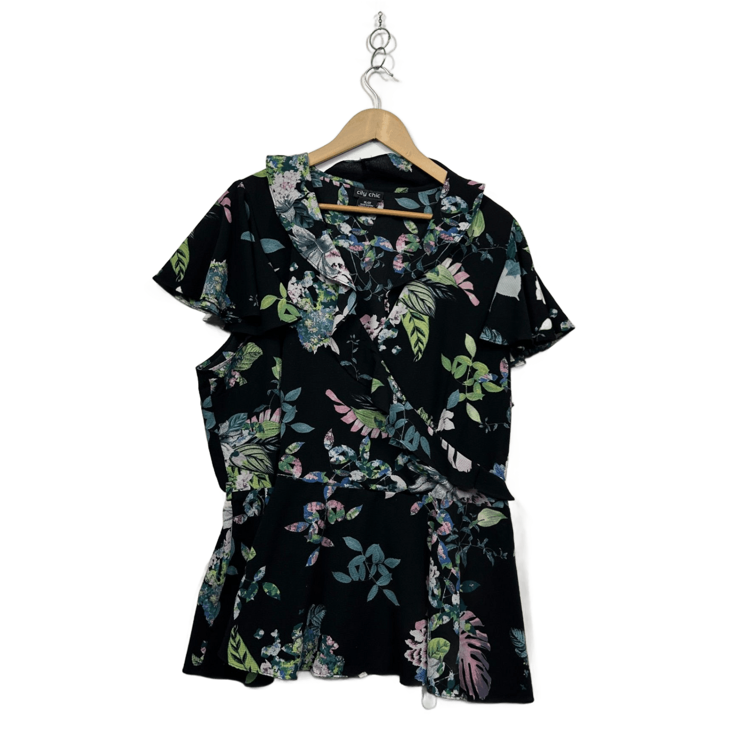City Chic Black Floral Short Sleeve Faux Wrap Blouse Size XL 22 Plus
