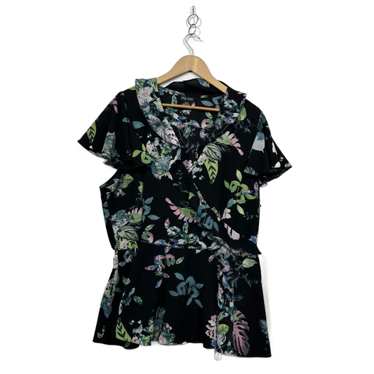City Chic Black Floral Short Sleeve Faux Wrap Blouse Size XL 22 Plus