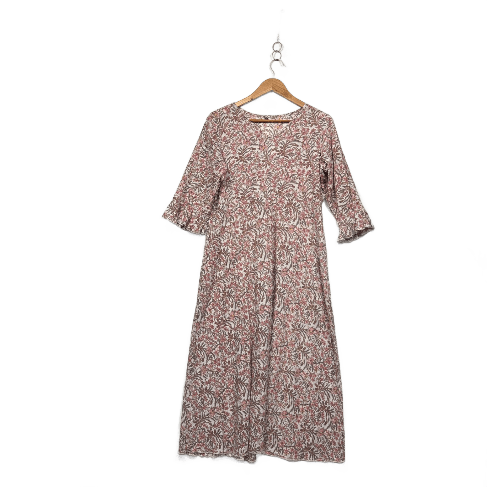 Womens Pink White Cotton 3/4 Sleeve Floral Boho Maxi Dress Size 2XL