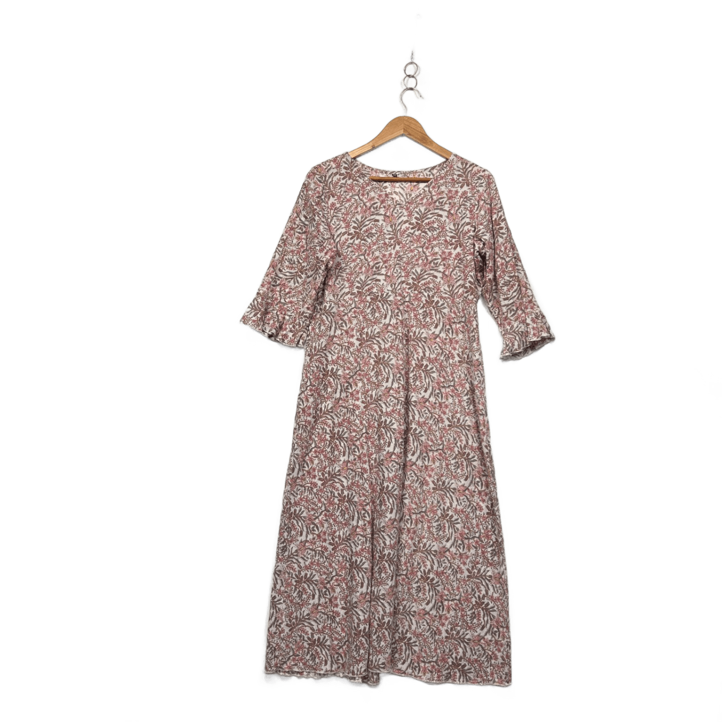 Womens Pink White Cotton 3/4 Sleeve Floral Boho Maxi Dress Size 2XL