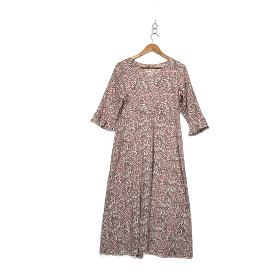 Womens Pink White Cotton 3/4 Sleeve Floral Boho Maxi Dress Size 2XL