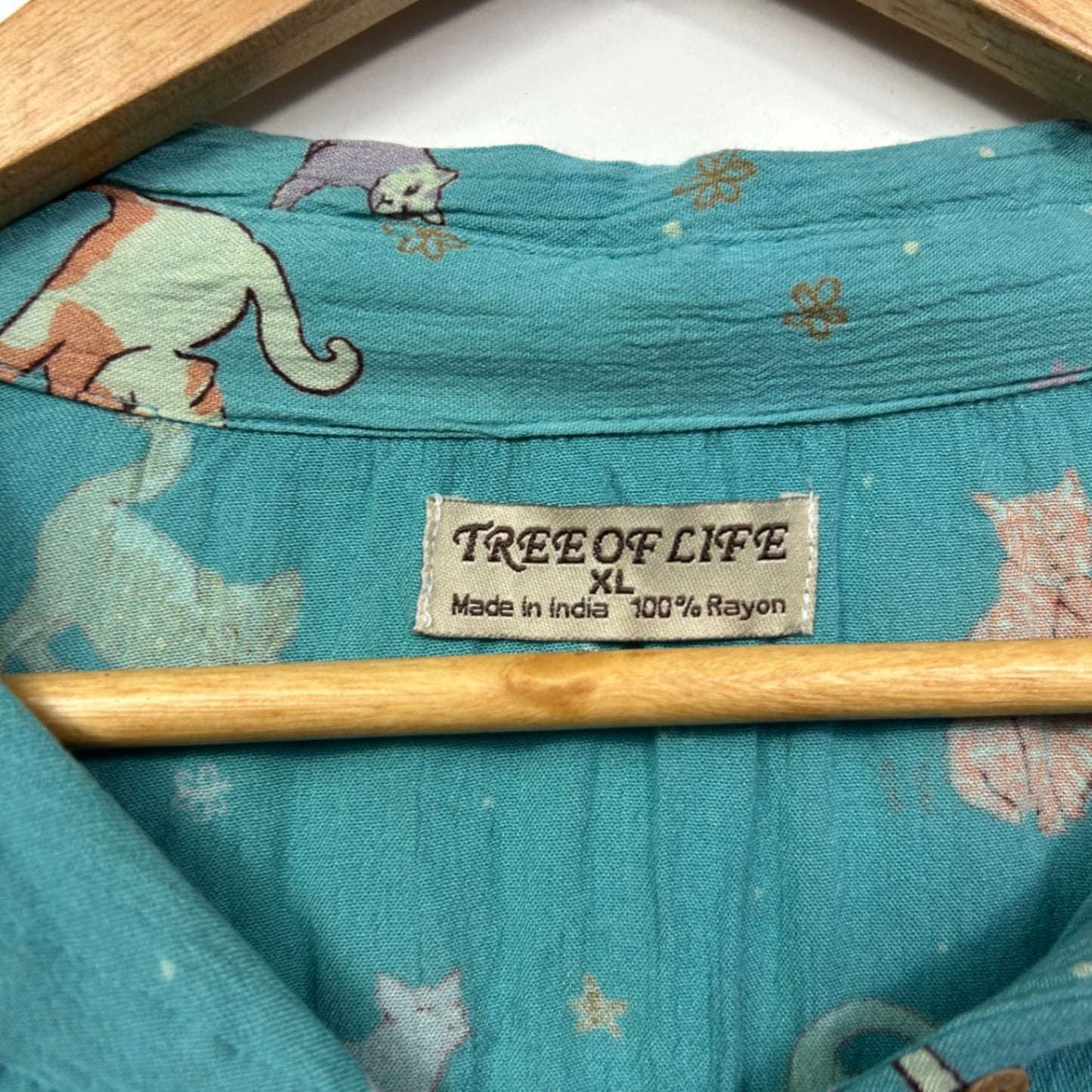 Tree Of Life Teal Blue Short Sleeve Casual Button-up Cats Top Blouse Size XL