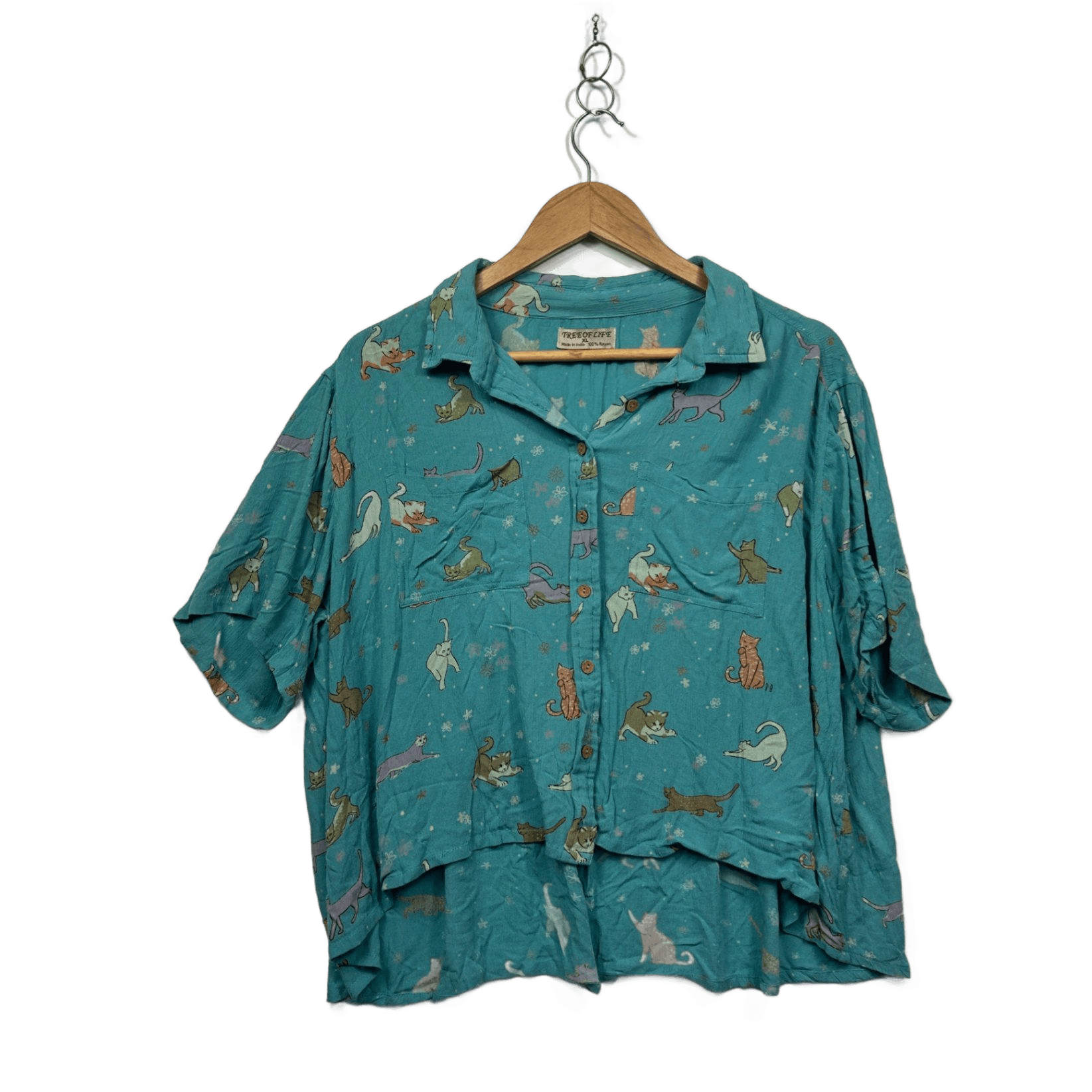 Tree Of Life Teal Blue Short Sleeve Casual Button-up Cats Top Blouse Size XL