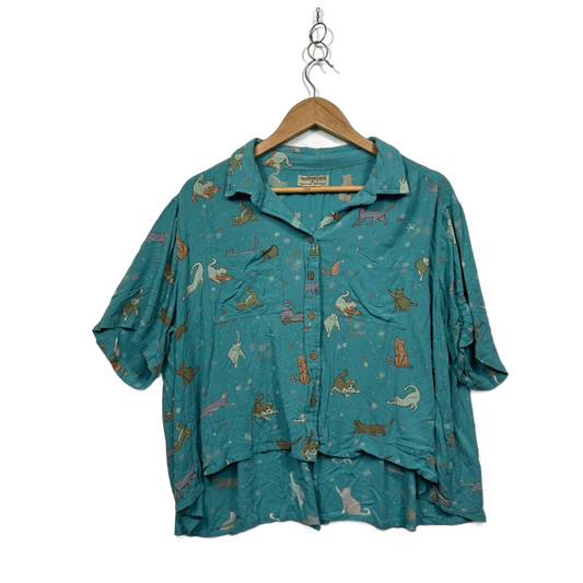 Tree Of Life Teal Blue Short Sleeve Casual Button-up Cats Top Blouse Size XL