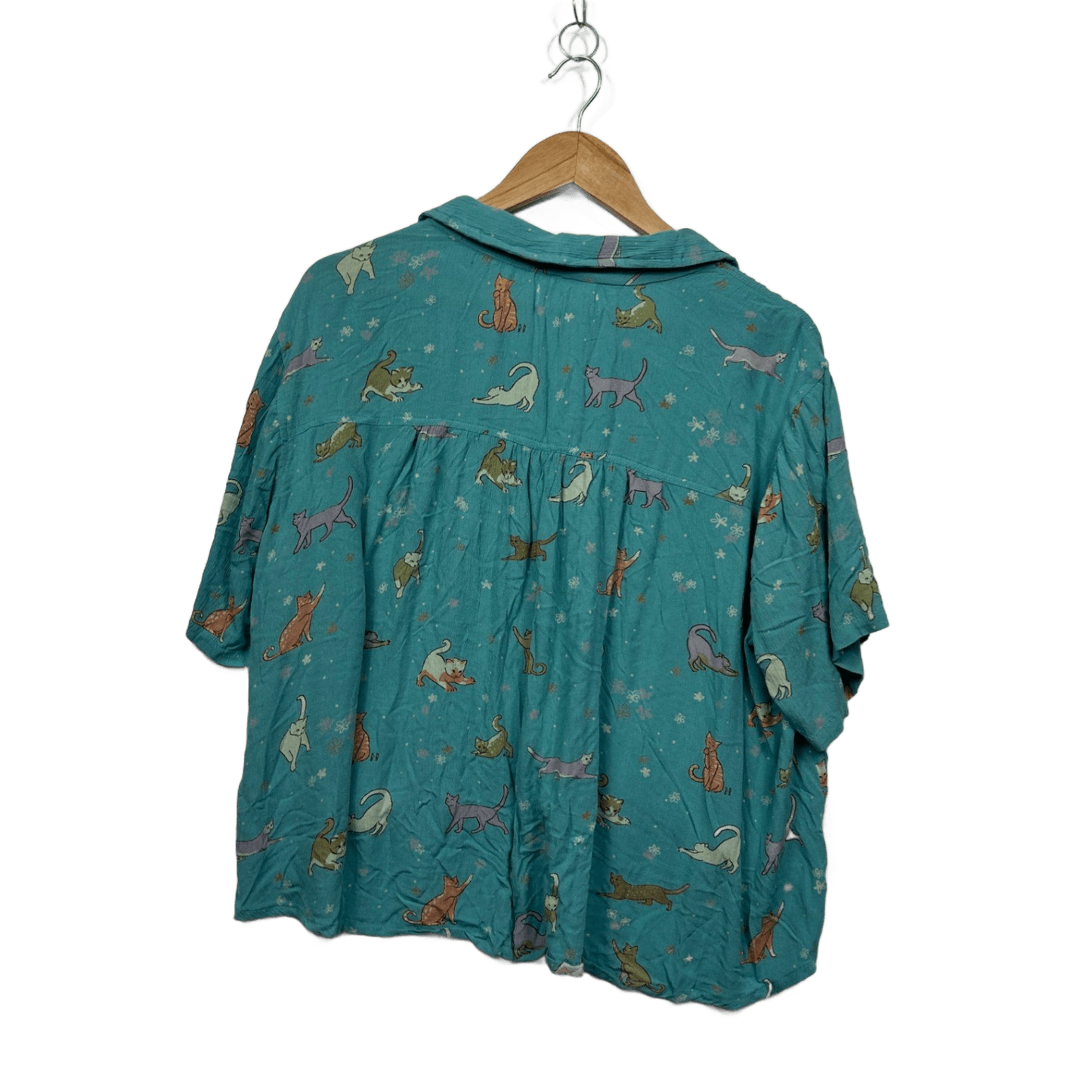 Tree Of Life Teal Blue Short Sleeve Casual Button-up Cats Top Blouse Size XL
