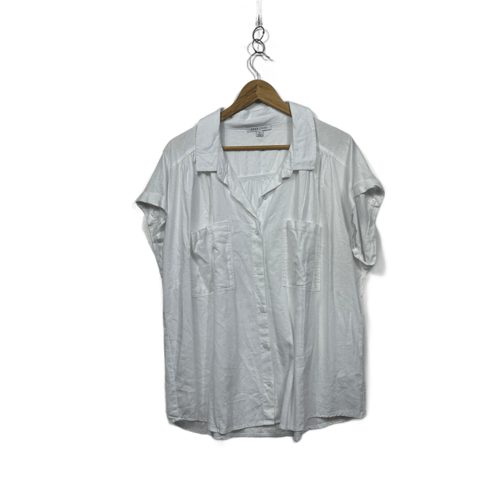 Suzanne Grae Linen White Blend Short Sleeve Collared Button-up Top Size 18