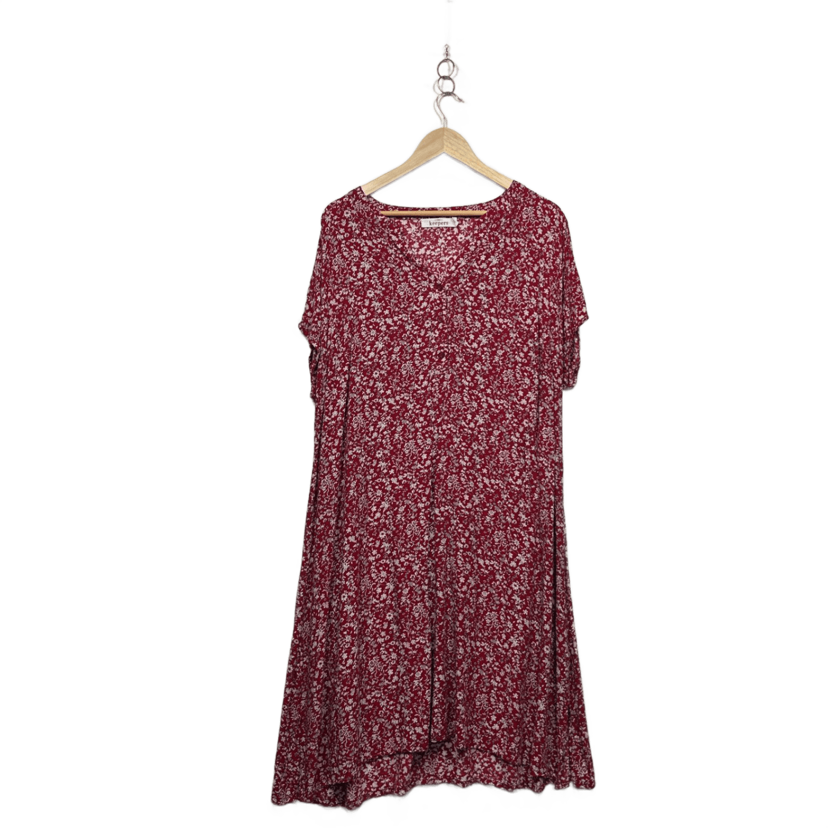 Bird Keepers Red White Rayon Short Sleeve Midi Floral Shift Dress Size 18