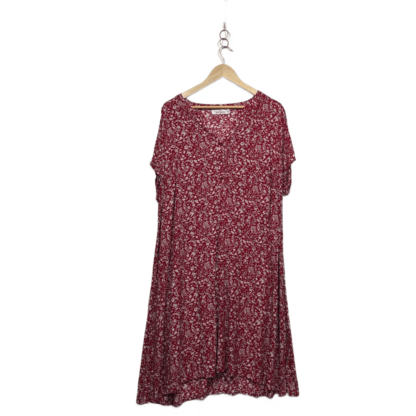 Bird Keepers Red White Rayon Short Sleeve Midi Floral Shift Dress Size 18