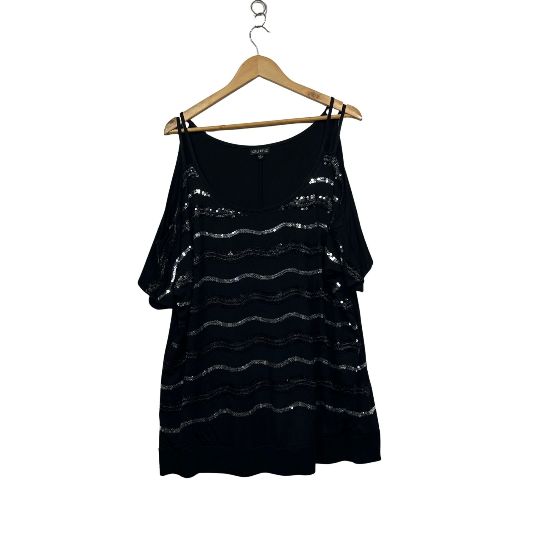 City Chic Womens Black Sequins Cold Shoulder Top Blouse Size 20