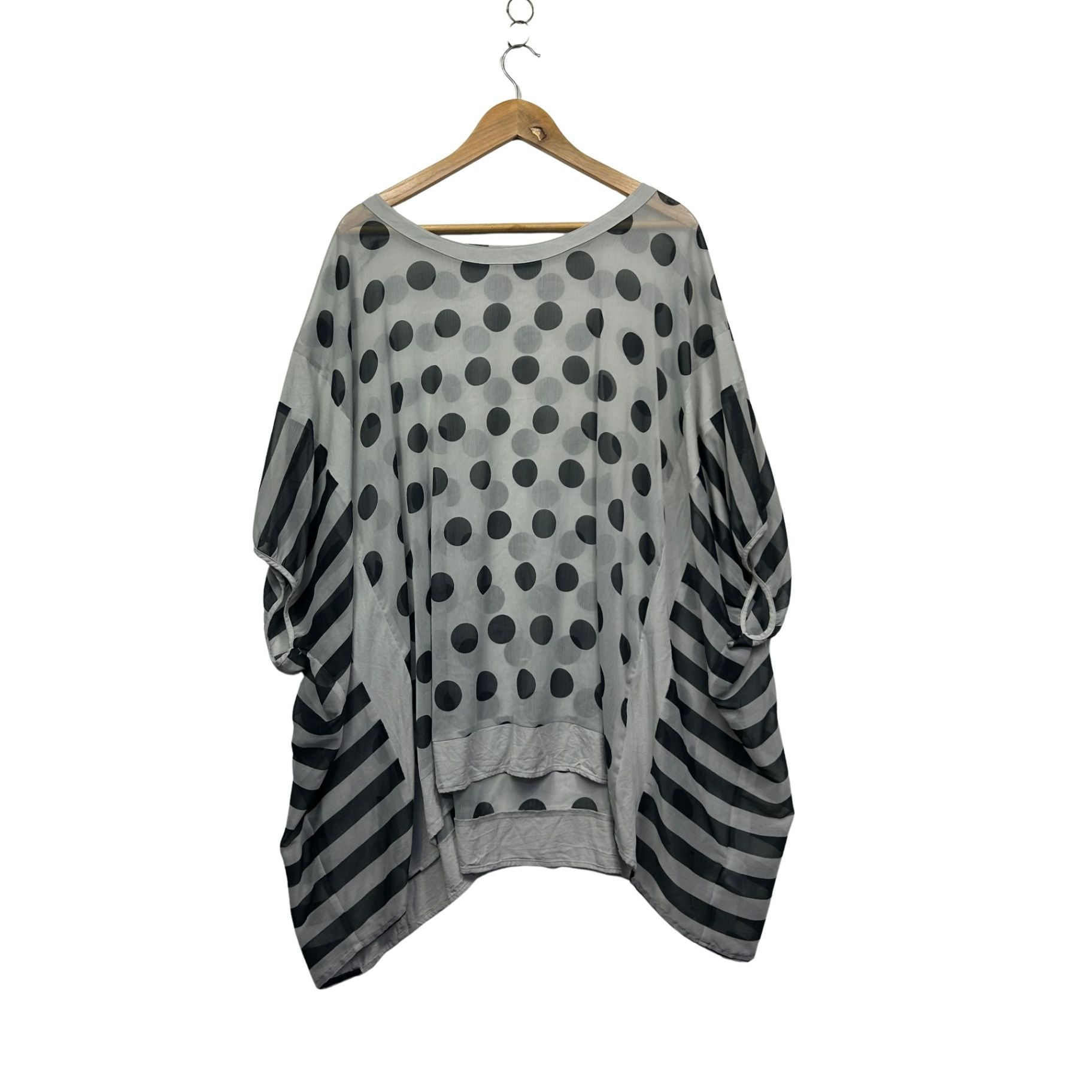 Yarra Trail Grey Black Sheer Polka Dots Kaftan Top One Size