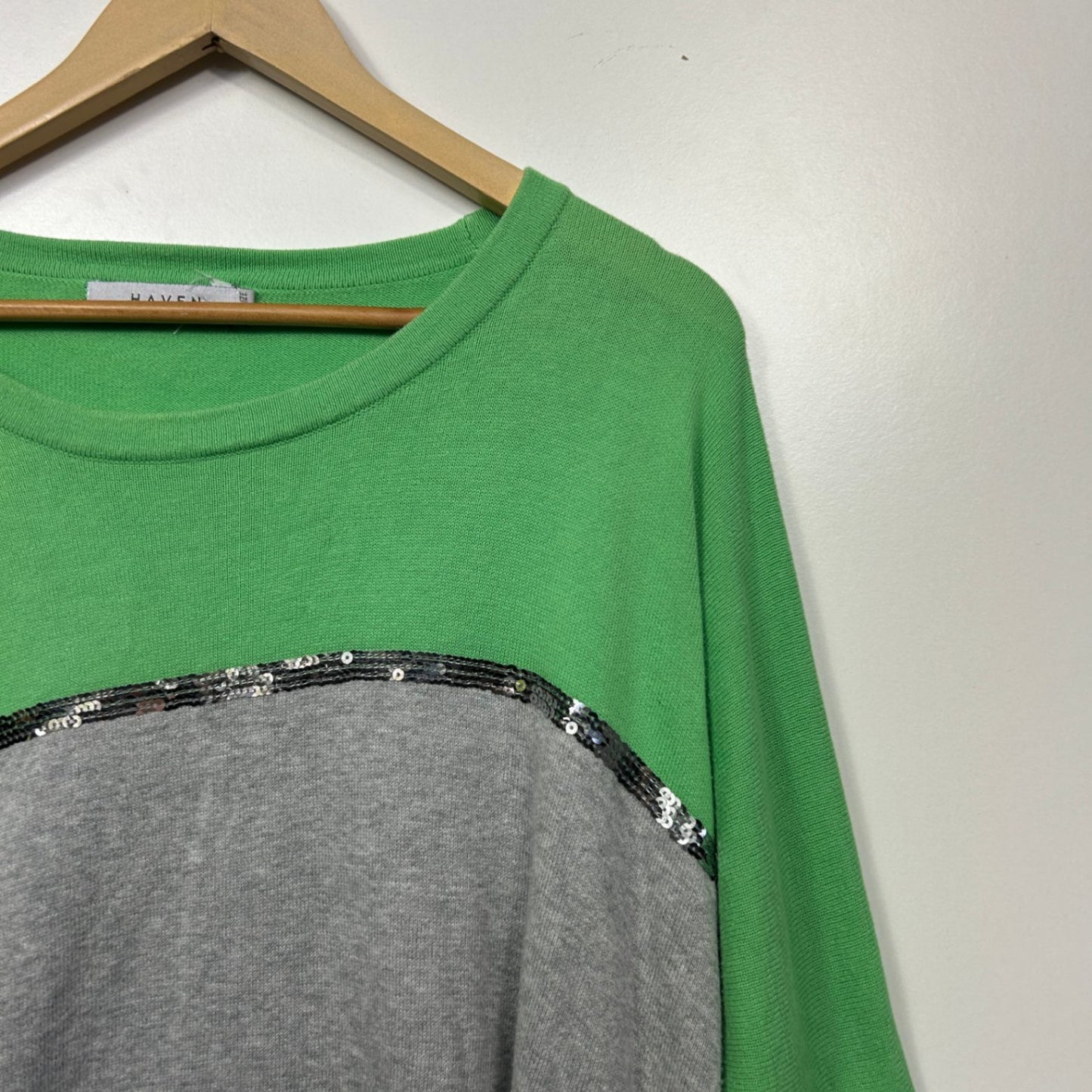 Haven Green Grey Navy Sequins Colourblock 100% Cotton Jumper - One Size