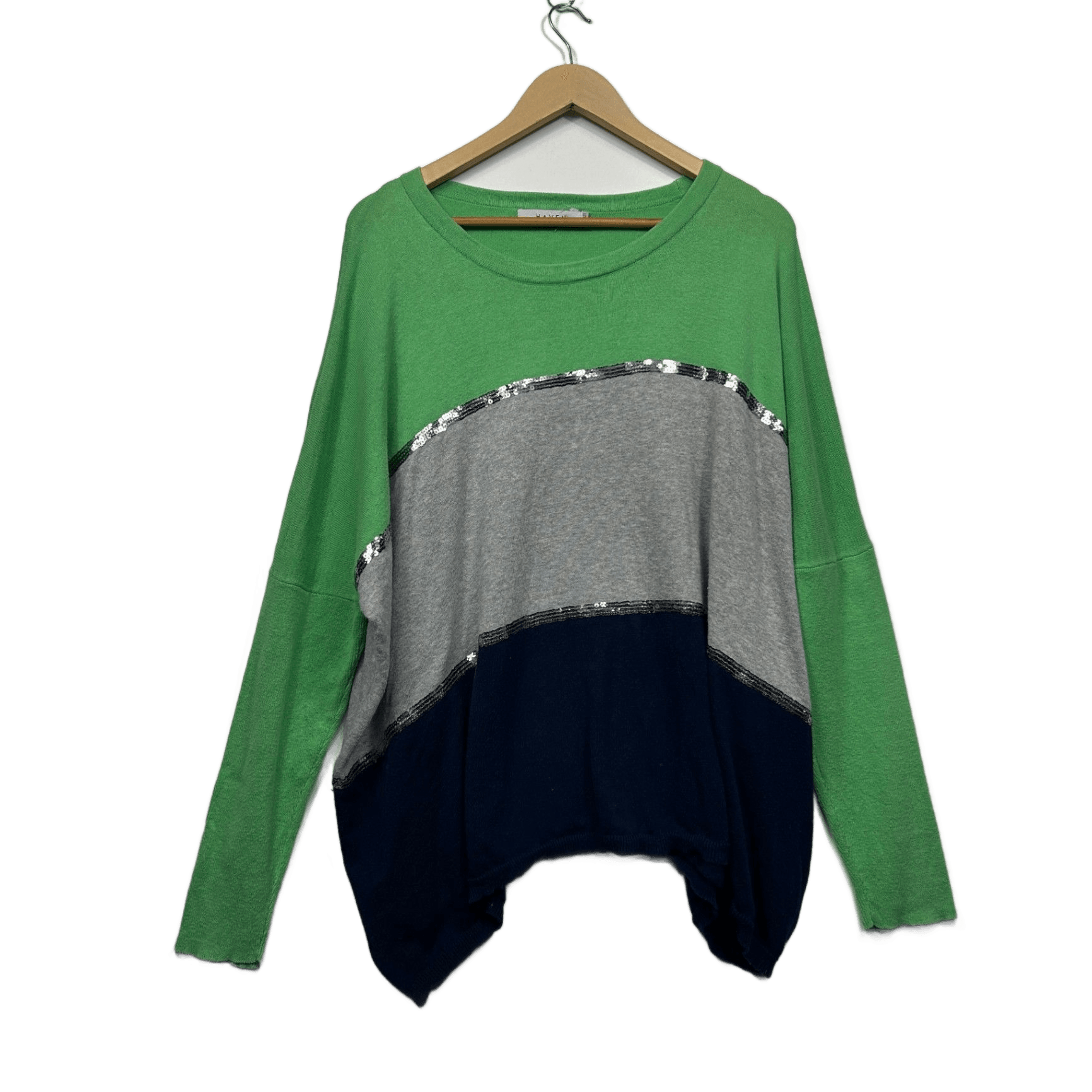 Haven Green Grey Navy Sequins Colourblock 100% Cotton Jumper - One Size