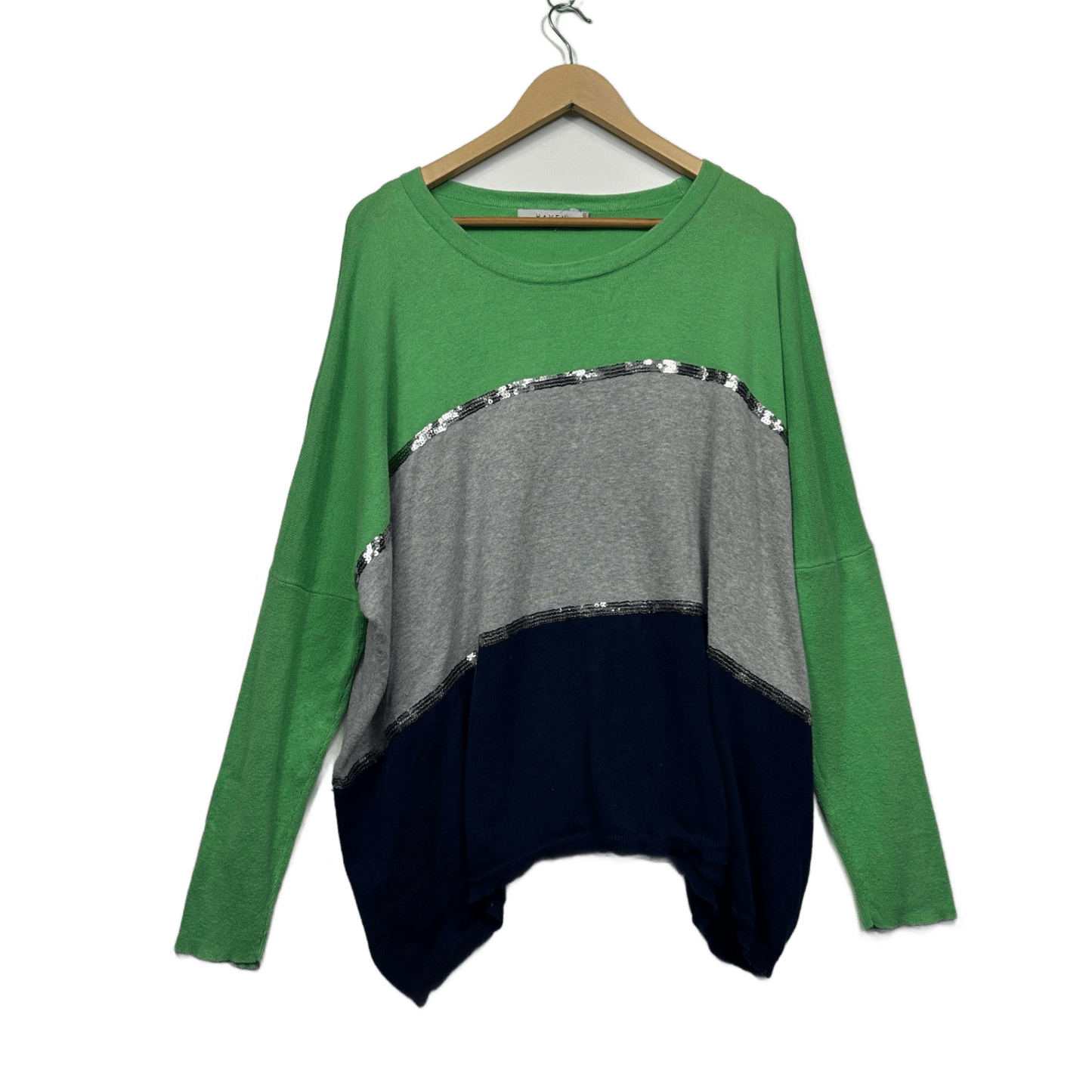 Haven Green Grey Navy Sequins Colourblock 100% Cotton Jumper - One Size