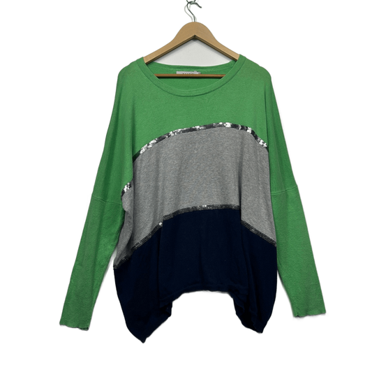 Haven Green Grey Navy Sequins Colourblock 100% Cotton Jumper - One Size