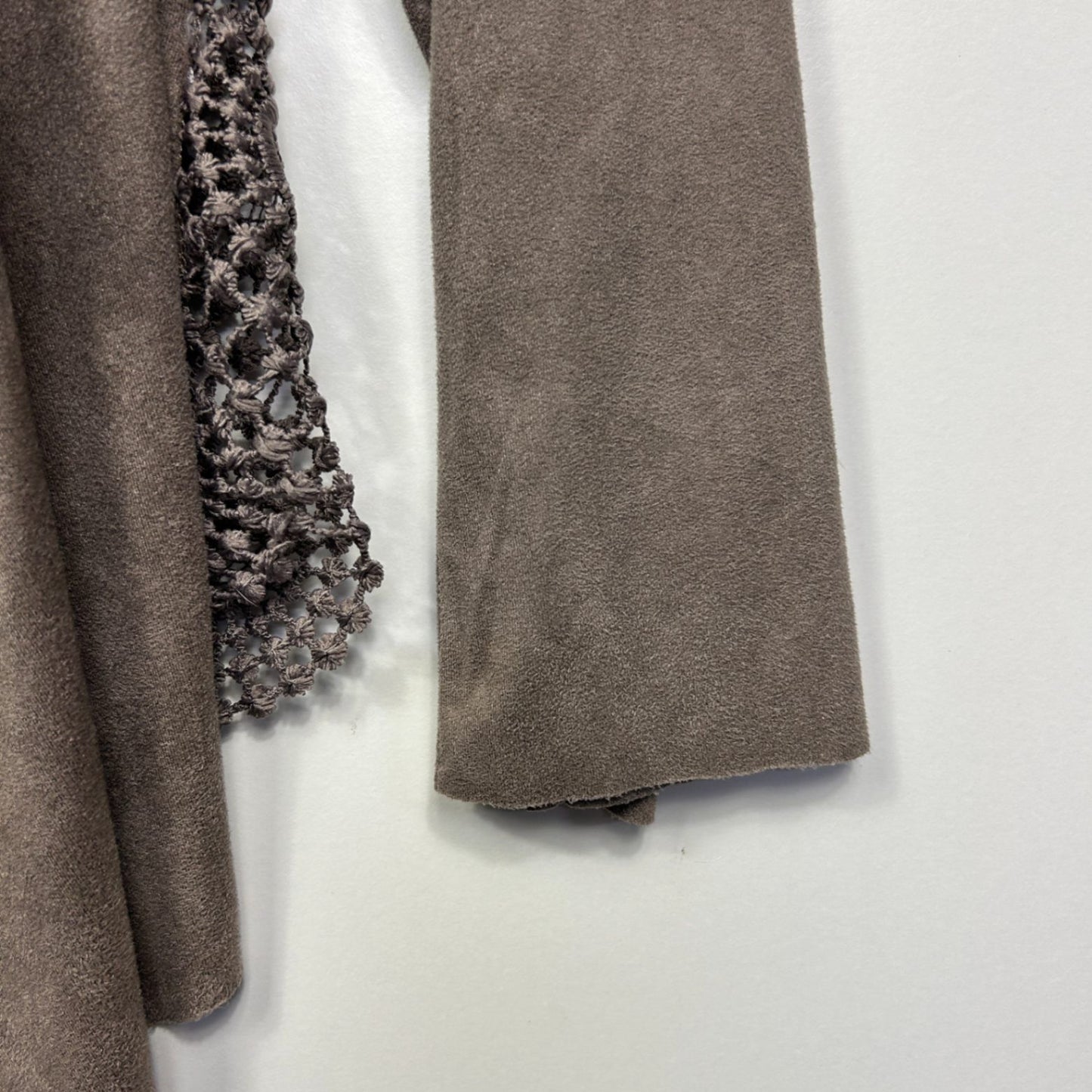 Brown Long Sleeve Open Front Crochet Back Waterfall Top - One Size