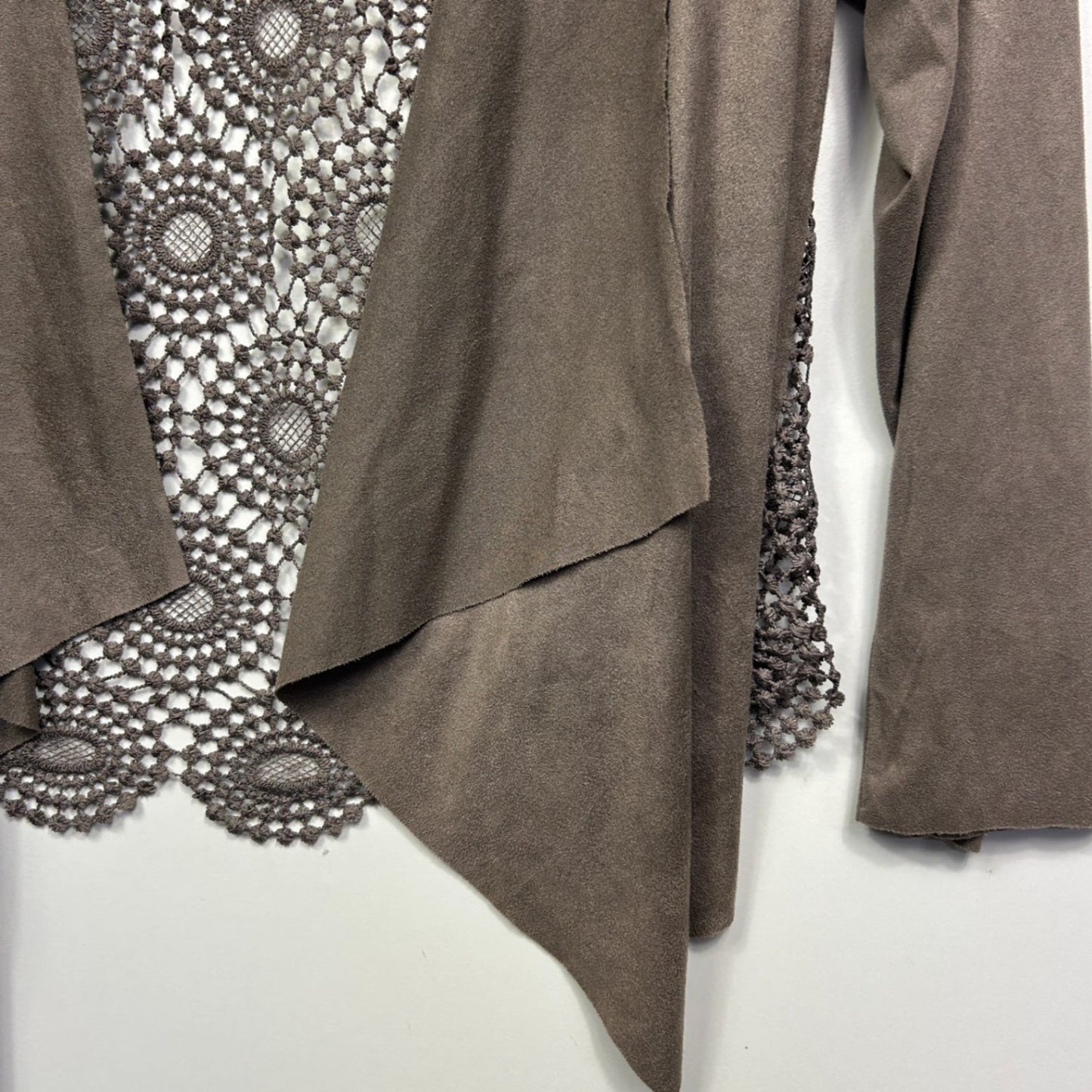 Brown Long Sleeve Open Front Crochet Back Waterfall Top - One Size