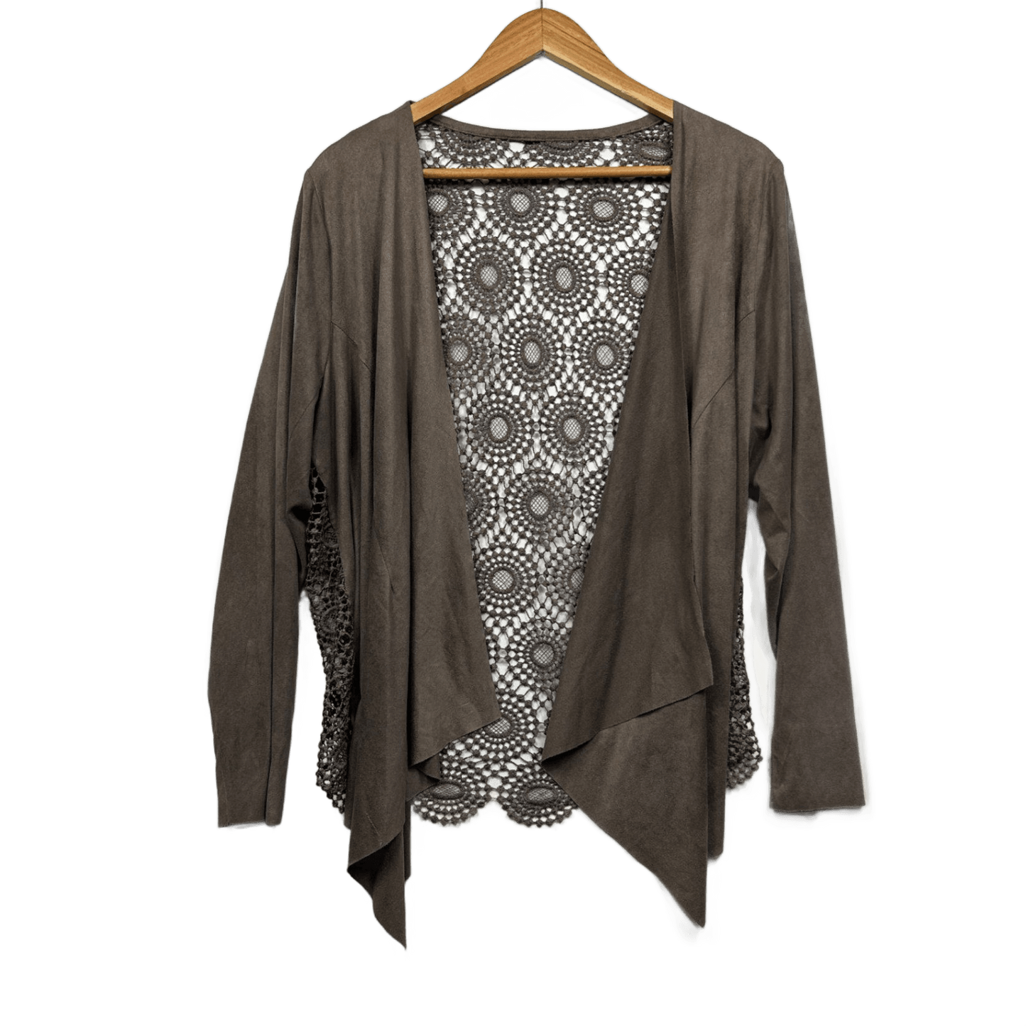 Brown Long Sleeve Open Front Crochet Back Waterfall Top - One Size