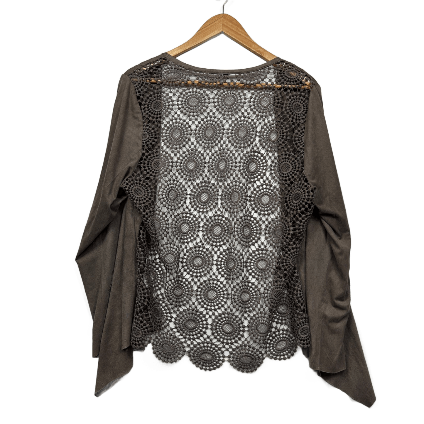 Brown Long Sleeve Open Front Crochet Back Waterfall Top - One Size