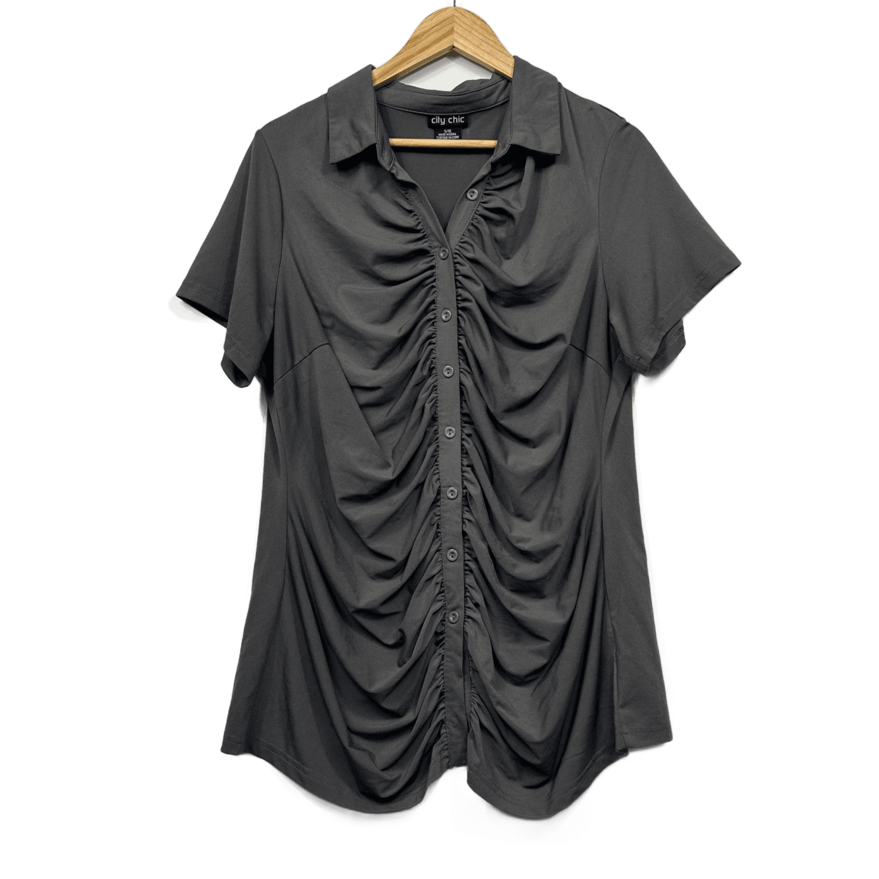 City Chic Womens Grey Short Sleeve Collared Button up Ruched Top - Size 16